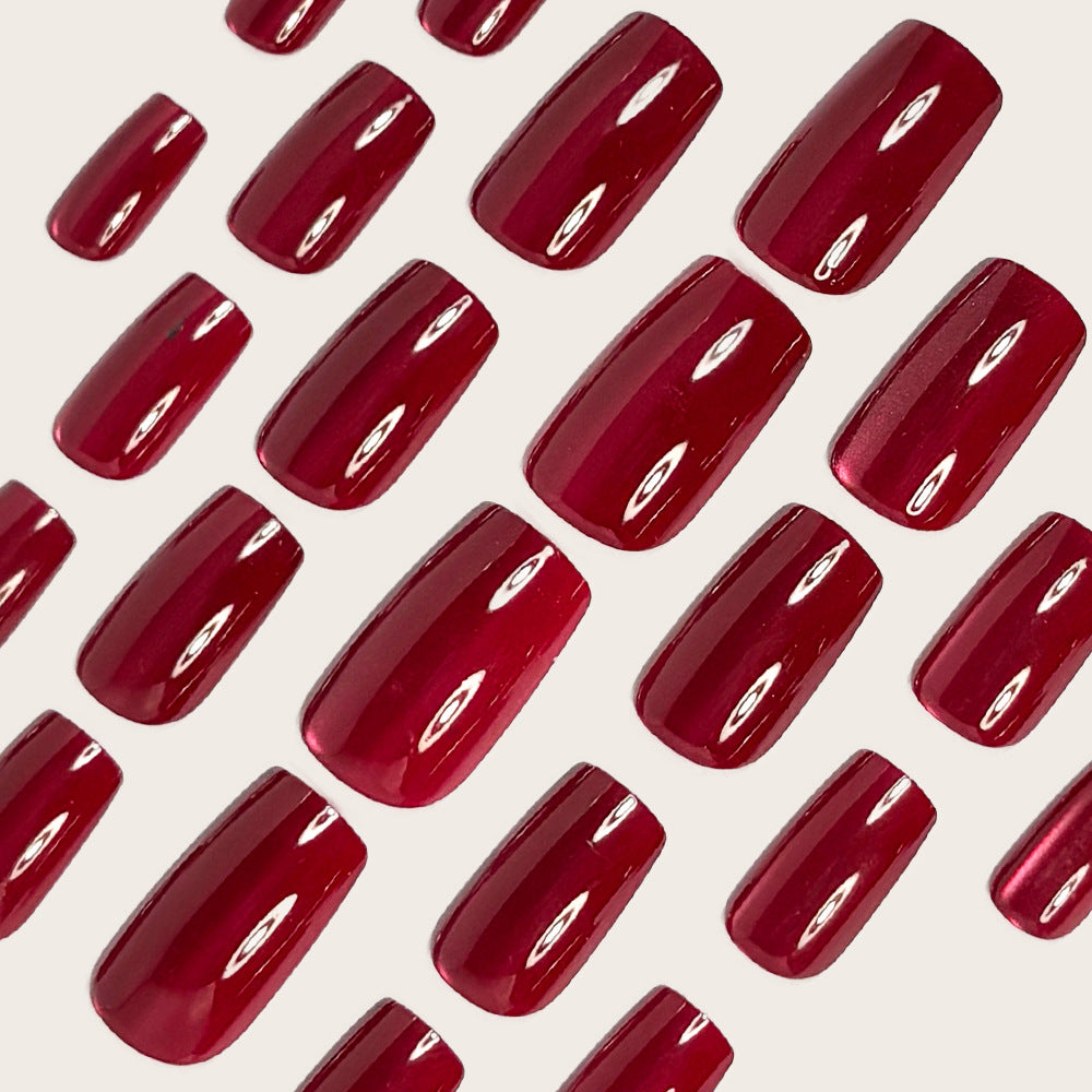 B2-606 2025 simple and elegant red solid color cat eye glossy false nails wear nail