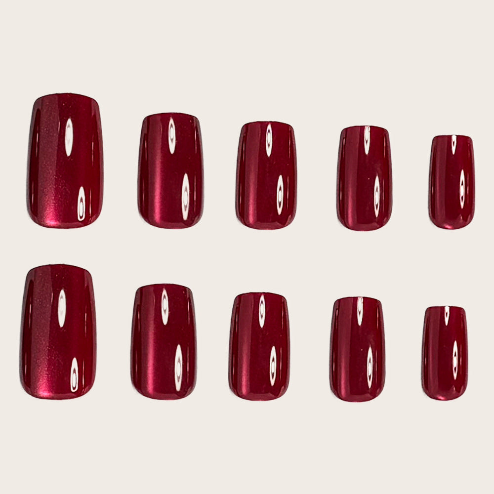 B2-606 2025 simple and elegant red solid color cat eye glossy false nails wear nail