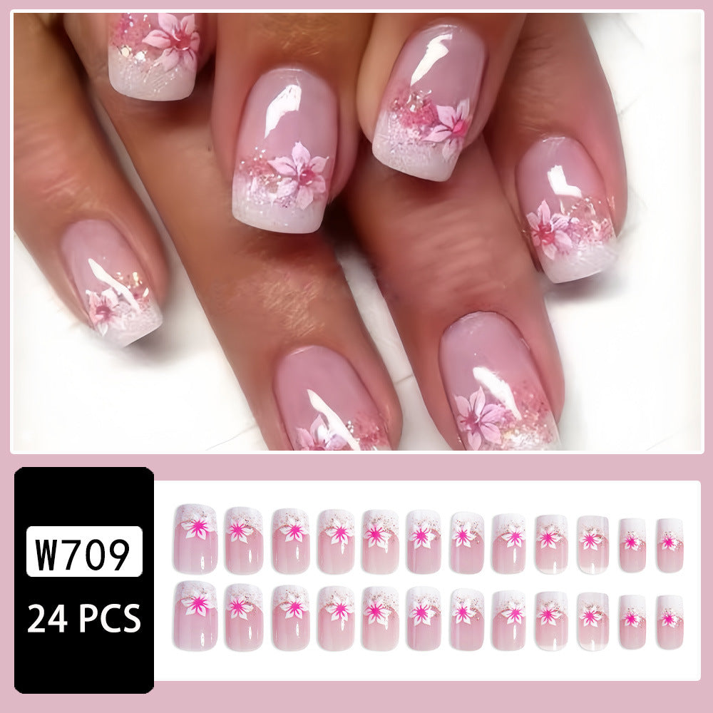 ZZ6002 European and American square French flash rose pink petal nail art sweet ins style