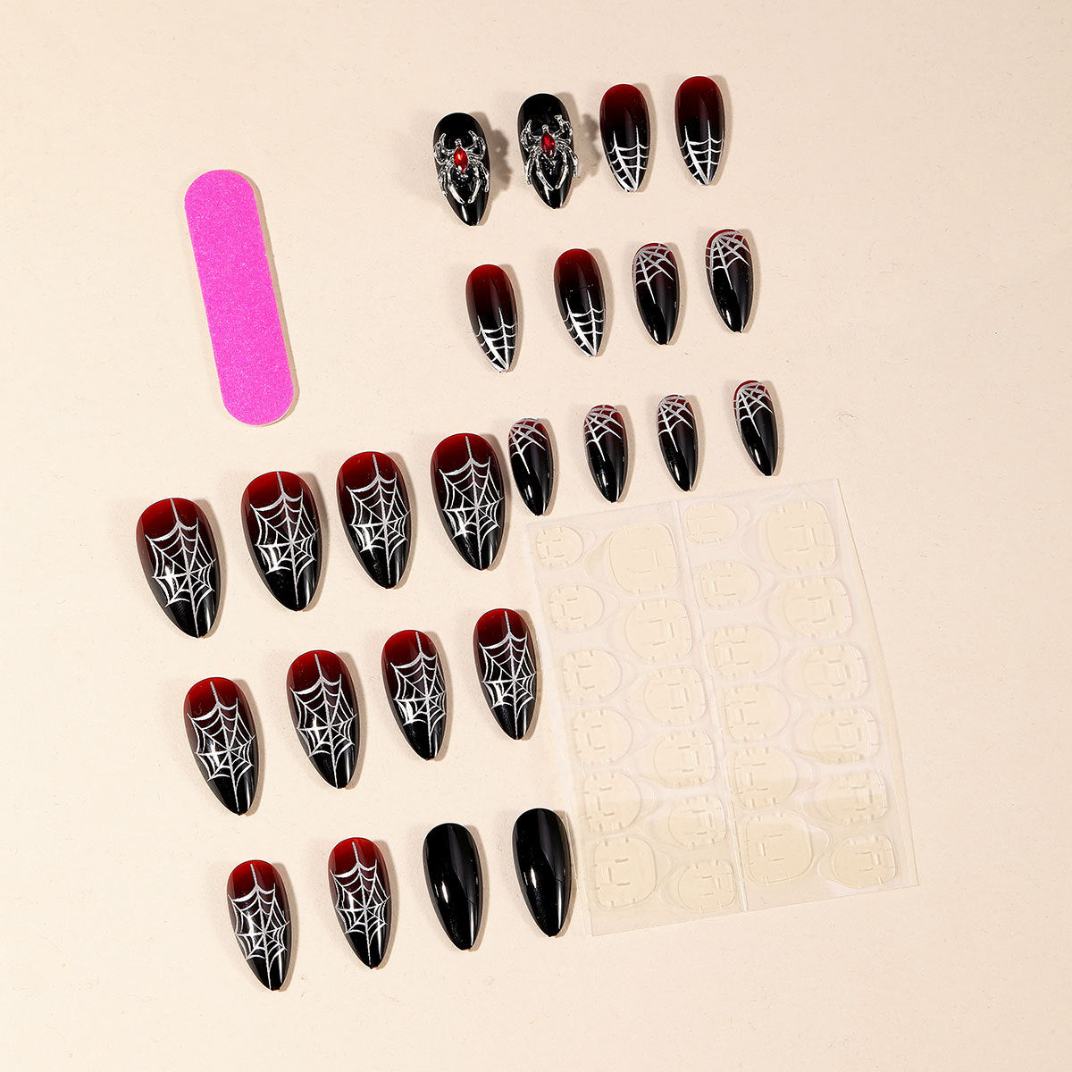 QZ5005 Halloween dark black and red gradient spider web inlaid with metal spider detachable nail art patch