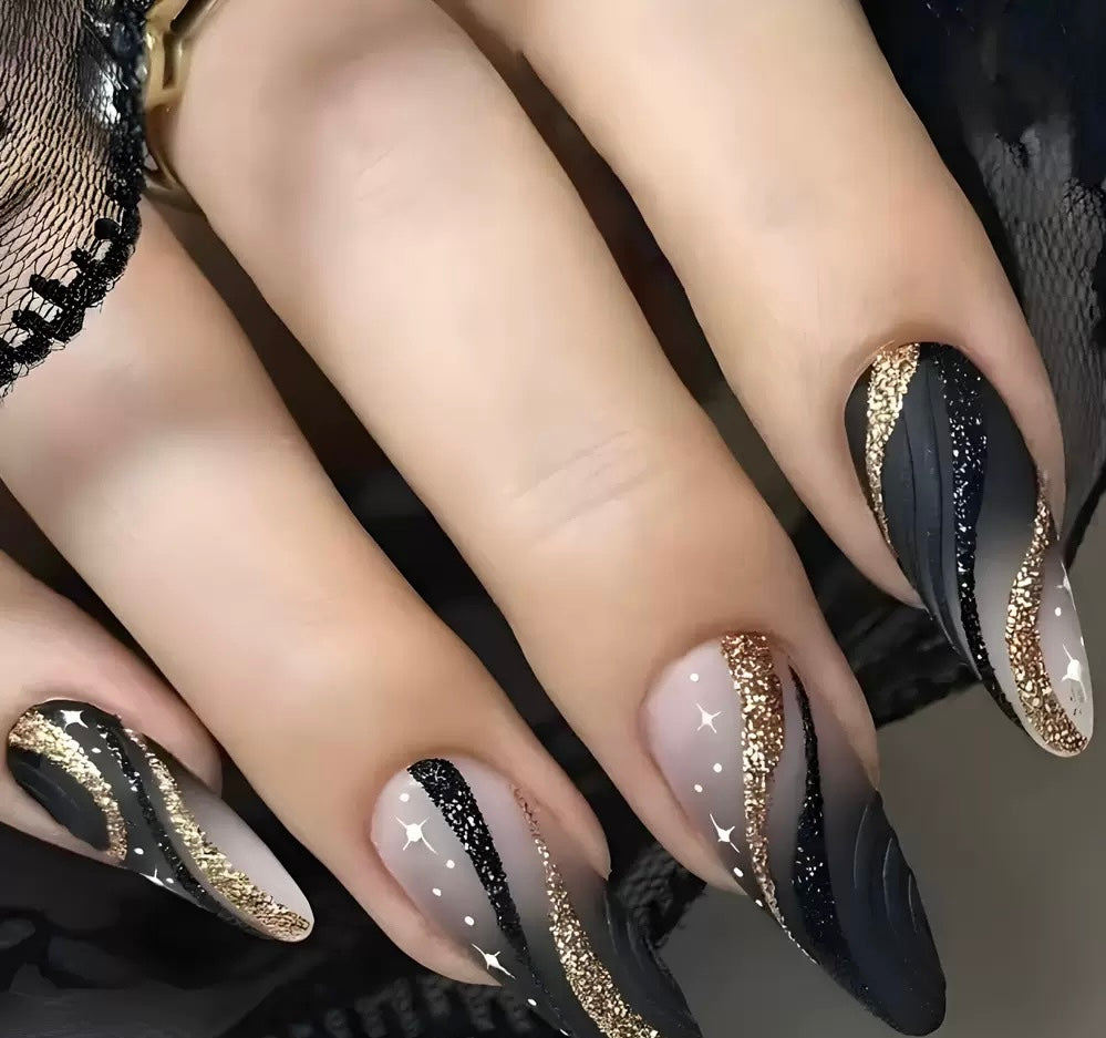 QZ5003 European and American hot-selling wearable nails black glitter ripple soft line false nails