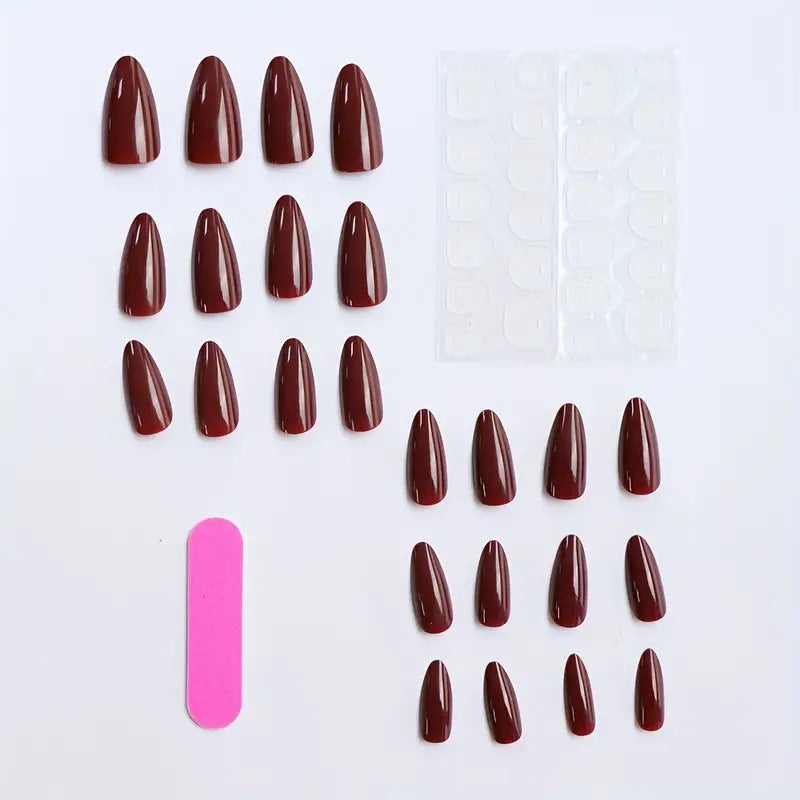 A1-6001 Almond wine red glossy detachable wearable nail stickers 24 pieces