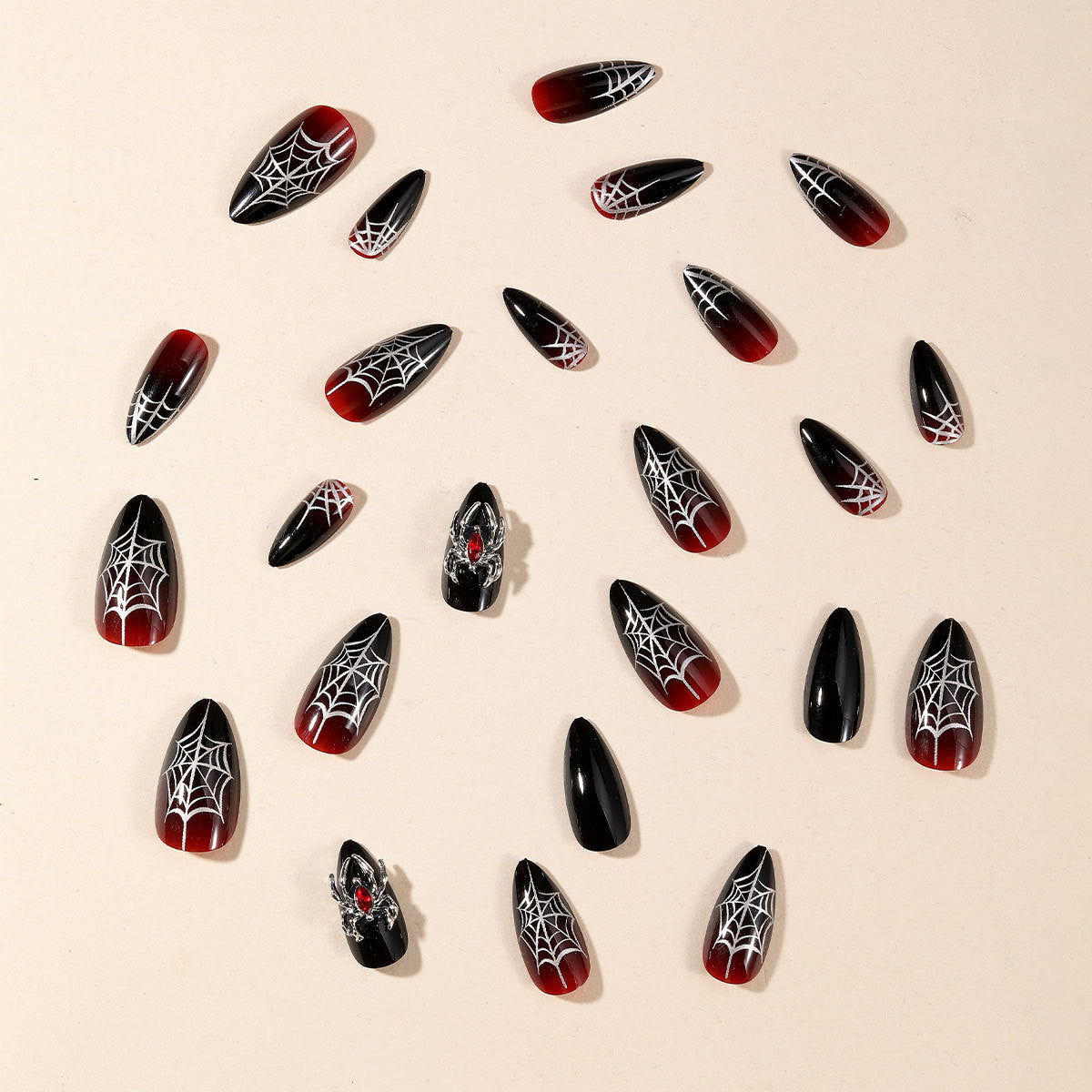 QZ5005 Halloween dark black and red gradient spider web inlaid with metal spider detachable nail art patch