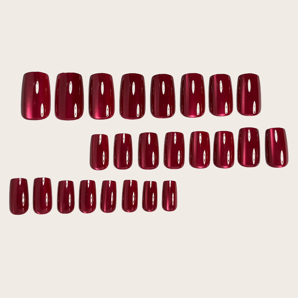 B2-606 2025 simple and elegant red solid color cat eye glossy false nails wear nail